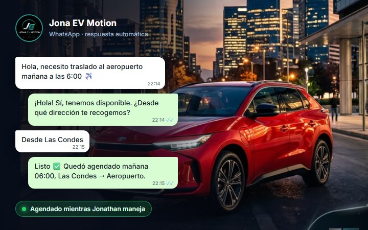 WhatsApp de Jona EV Motion agendando un traslado automáticamente